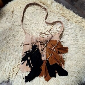 ERDA of Maine Vintage Deerskin & Suede Beaded Accents, Crossbody Bag  15' X 13"